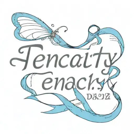 the word tenacity in typewriter font, with a blue ribbon in the background tattoo design idea