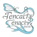 the word tenacity in typewriter font, with a blue ribbon in the background tattoo design idea