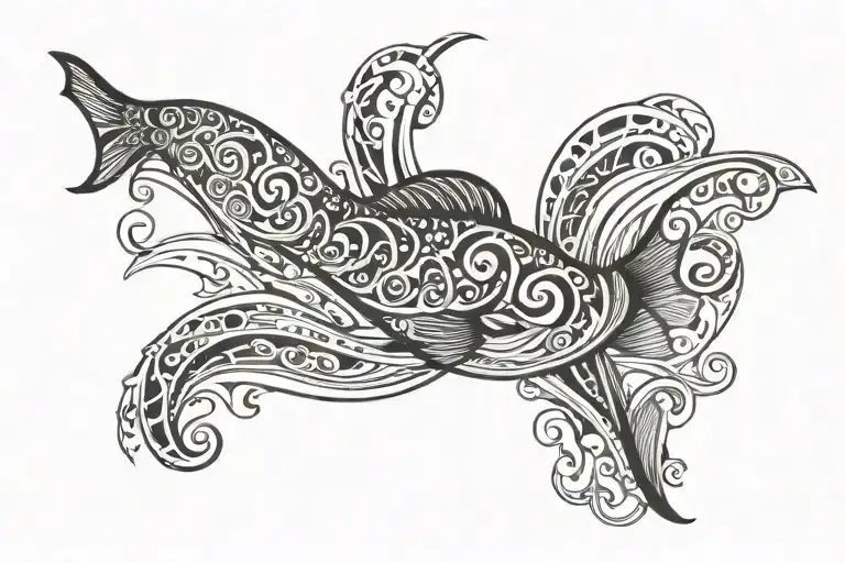 tribal band tattoo waves and one fish swimming tattoo design idea