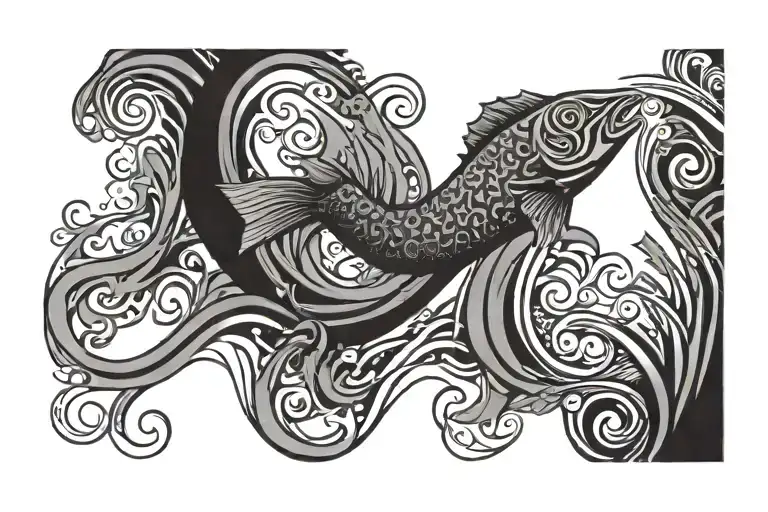 tribal band tattoo waves and one fish swimming tattoo design idea