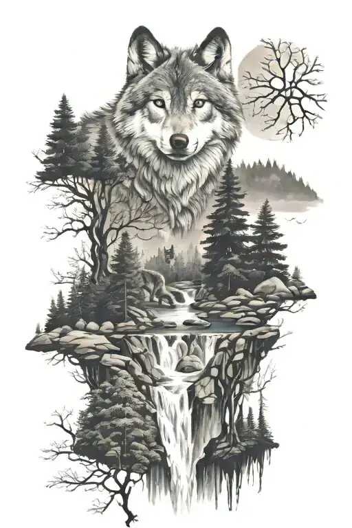 wolf, forest landscape, night sky, waterfall  tattoo design idea
