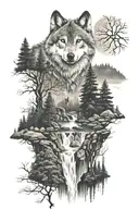 wolf, forest landscape, night sky, waterfall  tattoo design idea