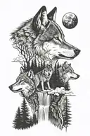 wolf, forest landscape, night sky, waterfall  tattoo design idea