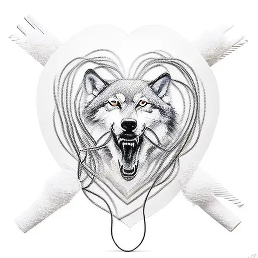 A heart made of intertwined cigarettes and guitar strings, with a wolf silhouette in the center, representing the client's love for wolves, music, and cigarettes tattoo design idea
