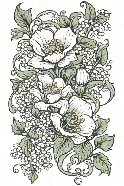 poppy and lily of the valley flowers intertwined vines tattoo design idea