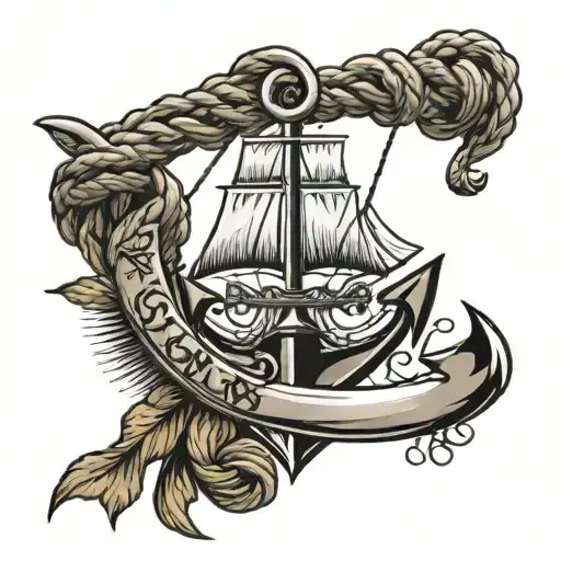 Sailor jerry tattoo anchor with ship in the middle with rope as a boarder.  Lazio Designs is the logo in script tattoo design idea