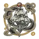 Sailor jerry tattoo anchor with ship in the middle with rope as a boarder.  Lazio Designs is the logo in script tattoo design idea