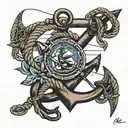 Sailor jerry tattoo anchor with ship in the middle with rope as a boarder.  Lazio Designs is the logo in script tattoo design idea