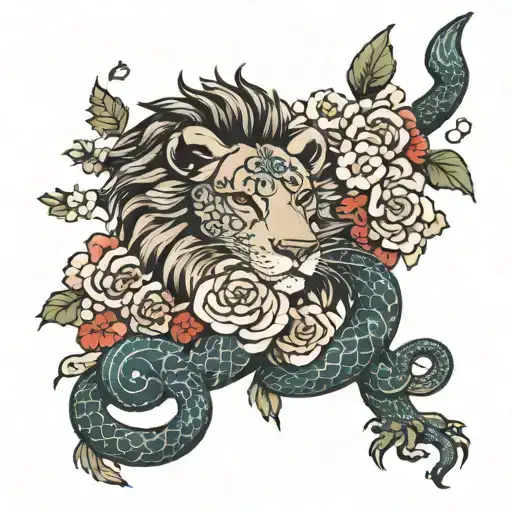 lion snake with flowers and flower petals on forearm tattoo design idea