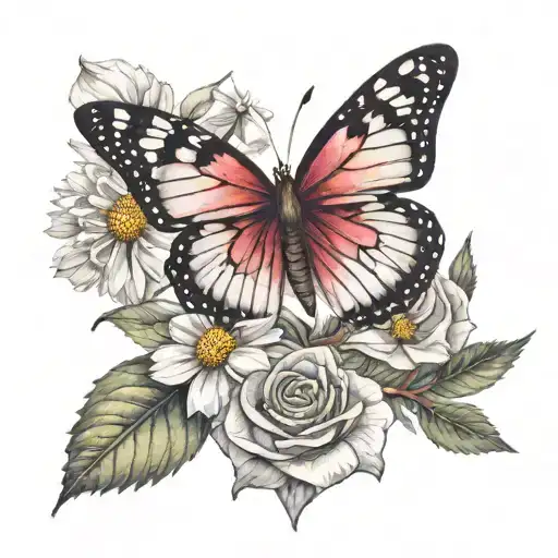 Butterfly, Cosmos, Rose, Daisy, Paperwhite tattoo design idea