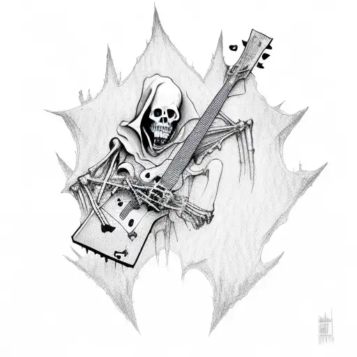 A grim reaper playing a guitar, with a forest of skeletal trees and bats flying around tattoo design idea