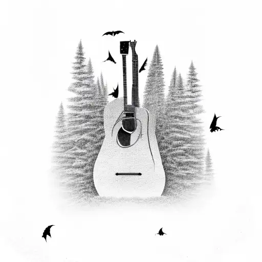 A grim reaper playing a guitar, with a forest of skeletal trees and bats flying around tattoo design idea