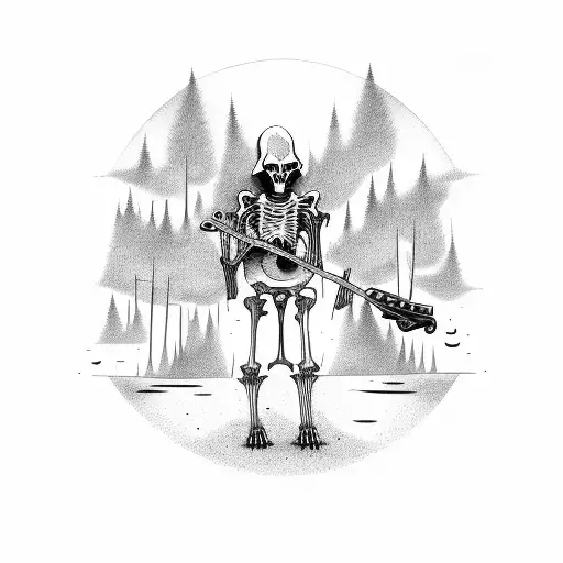 A grim reaper playing a guitar, with a forest of skeletal trees and bats flying around tattoo design idea