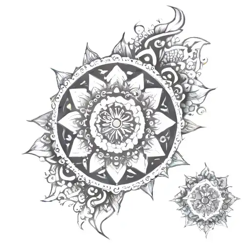 An intricate mandala design incorporating elements of the ocean, sun, and beach in a black-grey style tattoo design idea