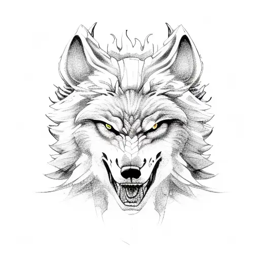 A sketch-style portrait of Fenrir, showcasing his fearsome and mythical nature tattoo design idea