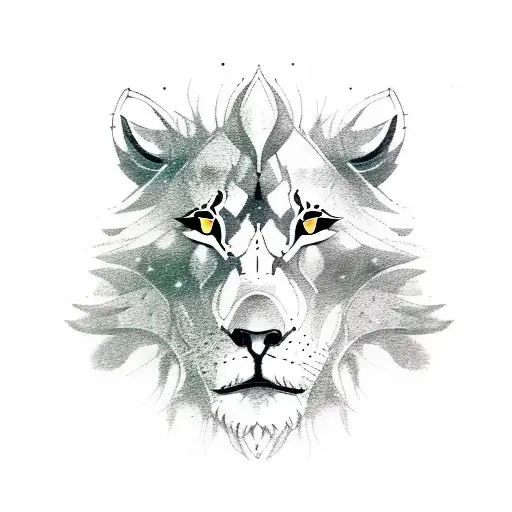 An enchanting moonlit scene of a lion and a wolf peacefully coexisting in a magical forest tattoo design idea