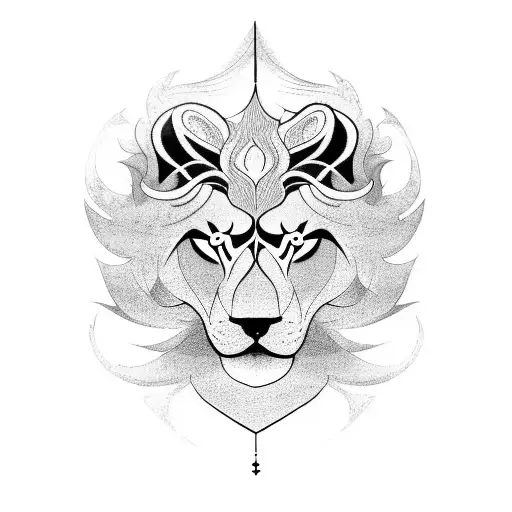 A blackwork tattoo depicting a lion and wolf merging into a mythical creature, symbolizing the client's favorite animals and Norse mythology tattoo design idea