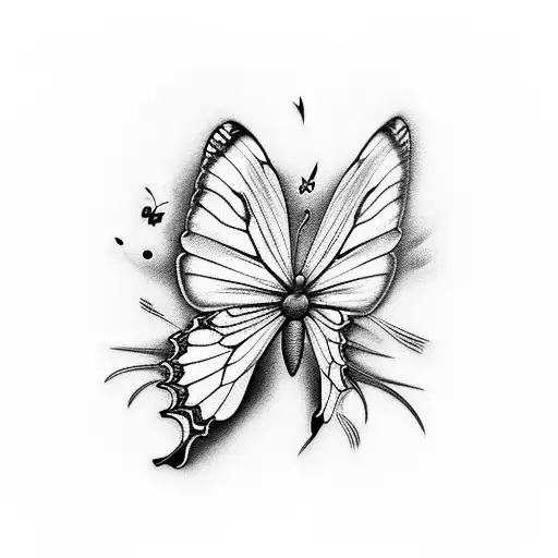 Butterfly where one  wing is normal with the date 21.04.2023 and the other wing consist of flowers tattoo design idea