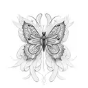 Butterfly where one  wing is normal with the date 21.04.2023 and the other wing consist of flowers tattoo design idea