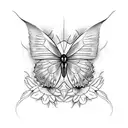 Butterfly where one  wing is normal with the date 21.04.2023 and the other wing consist of flowers tattoo design idea