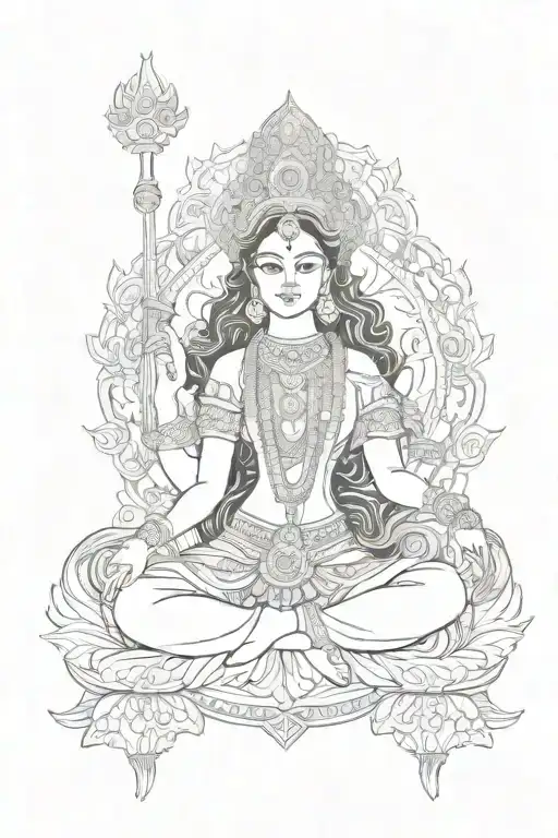 durga with heavy ornaments and open hair tattoo design idea