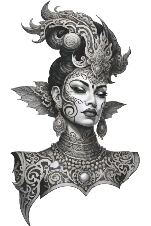 devi with heavy ornaments ,open hair and no eyeball tattoo design idea