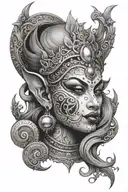 devi with heavy ornaments and no eyeball tattoo design idea
