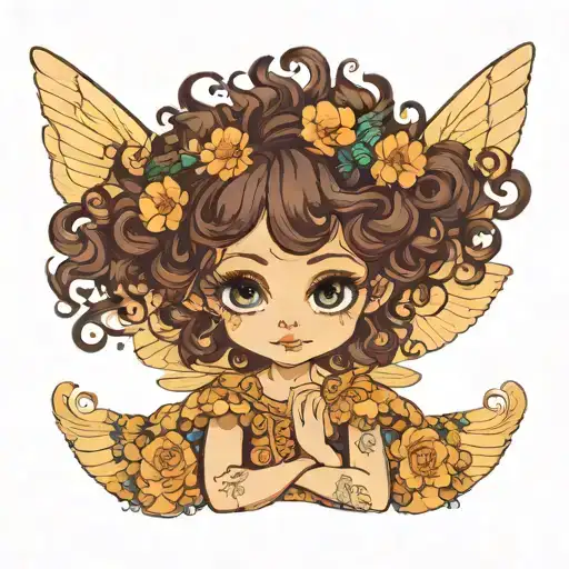 Carmel skin almond eye fairy with big eyes a button nose and big forehead dark curly hair flying in sky full body hair  tattoo design idea