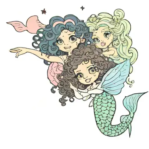 fairy with big eyes a button nose and big forehead dark curly hair flying in sky next to a mermaid with curly hair  tattoo design idea