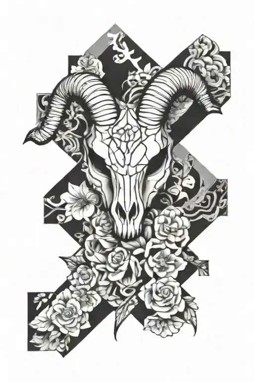 A sleeve patchwork tattoo featuring a ram skull face tattoo design idea