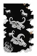 A sleeve patchwork tattoo featuring a ram skull that's connected with other animal skulls + there's a chain giving flow tattoo design idea