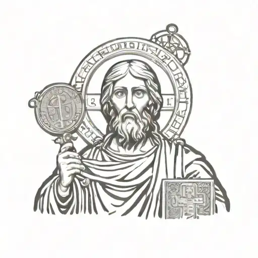 jests Christ holding saint benedict medal tattoo design idea