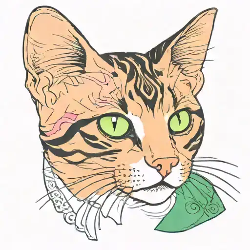 girl Calico cat with green eyes named sophie with a pink collar tattoo design idea