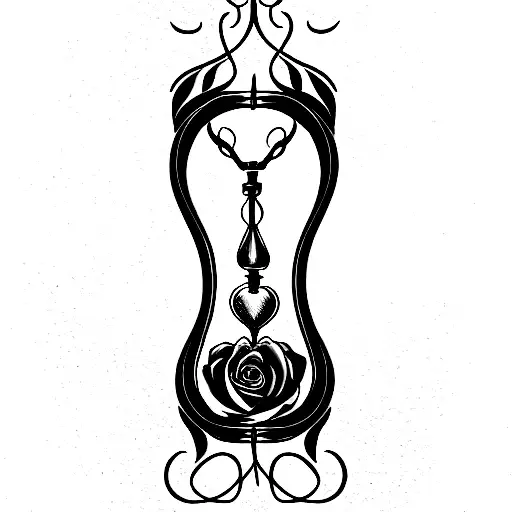 memento mori in scroll below an hour glass. with vines below the scroll and a skull on top of the hour glass with a rose tattoo design idea