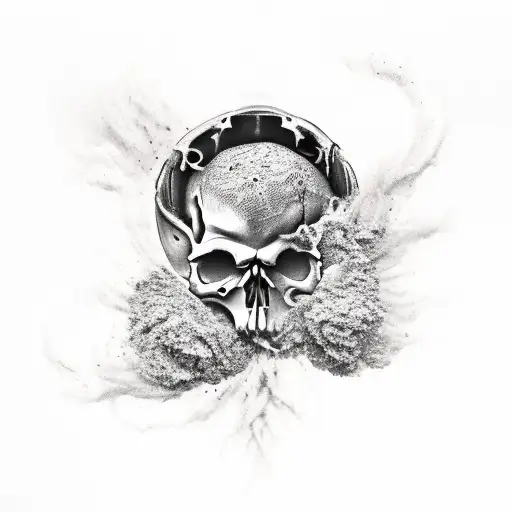 a skull covered in hot ashes, steam, hooks and leather tattoo design idea