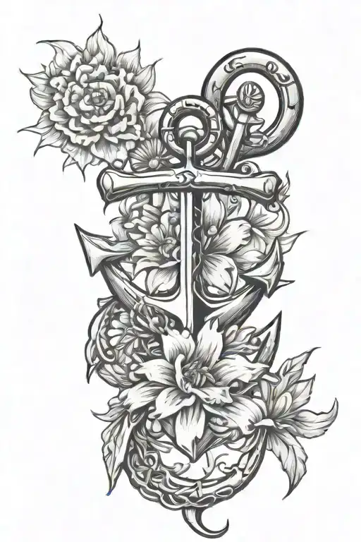 anchor with marigold, daffodil, daisy flowers interwined tattoo design idea
