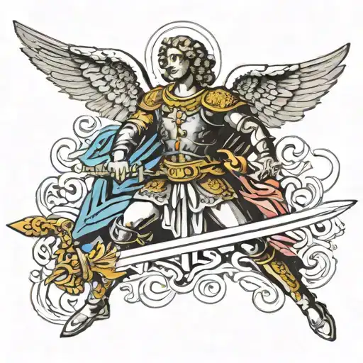 archangel Michael sticking long sword into ground with wings spread out  tattoo design idea