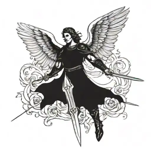elegant badas archangel Michael sticking long sword into ground with wings spread out  tattoo design idea