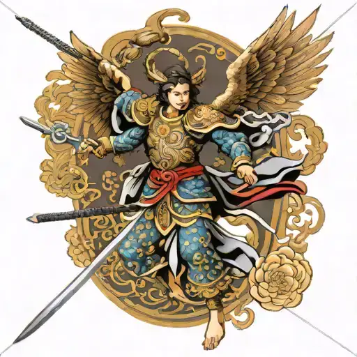 elegant badas archangel Michael sticking long sword into ground with wings spread out  tattoo design idea