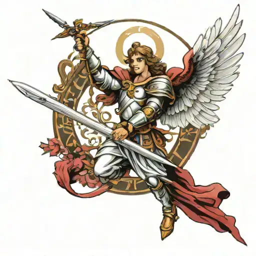 elegant badas archangel Michael sticking long sword into ground with wings spread out  tattoo design idea