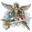 archangel Michael sticking long sword into ground with wings spread out  tattoo design idea