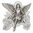 archangel Michael sticking long sword into ground with wings spread out  tattoo design idea