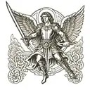 archangel Michael sticking long sword into ground with wings spread out  tattoo design idea