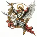 elegant badas archangel Michael sticking long sword into ground with wings spread out  tattoo design idea