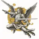 elegant badas archangel Michael sticking long sword into ground with wings spread out  tattoo design idea