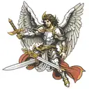 elegant badas archangel Michael sticking long sword into ground with wings spread out  tattoo design idea