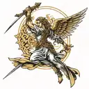 elegant badas archangel Michael sticking long sword into ground with wings spread out  tattoo design idea