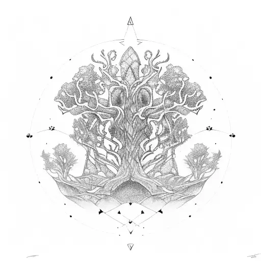 yggdrasil with glowing fruits and ghosts tattoo design idea
