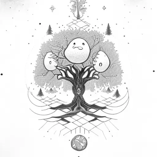 world tree yggdrasil with glowing fruits and little ghosts tattoo design idea