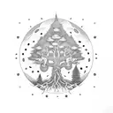 world tree yggdrasil with glowing fruits and little ghosts tattoo design idea